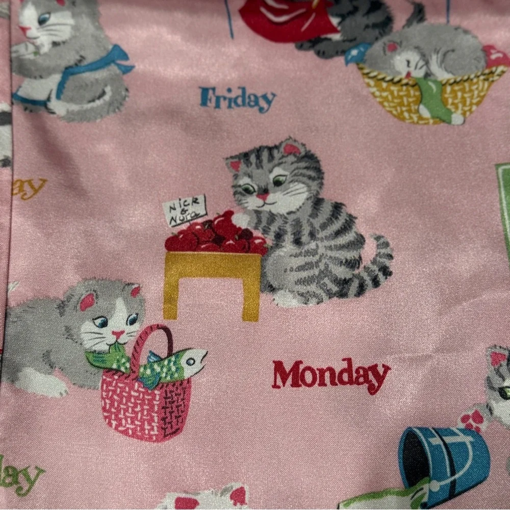 Nick & Nora Girls XL 14/16 Pink Satin Pajama Pants Kitten Cats Days Of Week Meow
